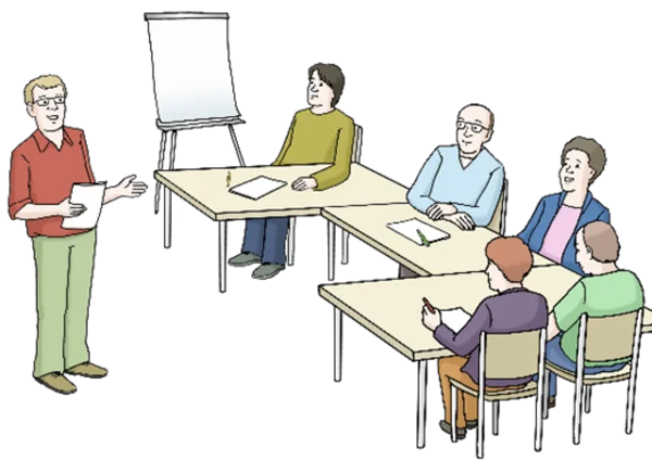 Das Foto zeigt eine Lerngruppe mit Lehrer
