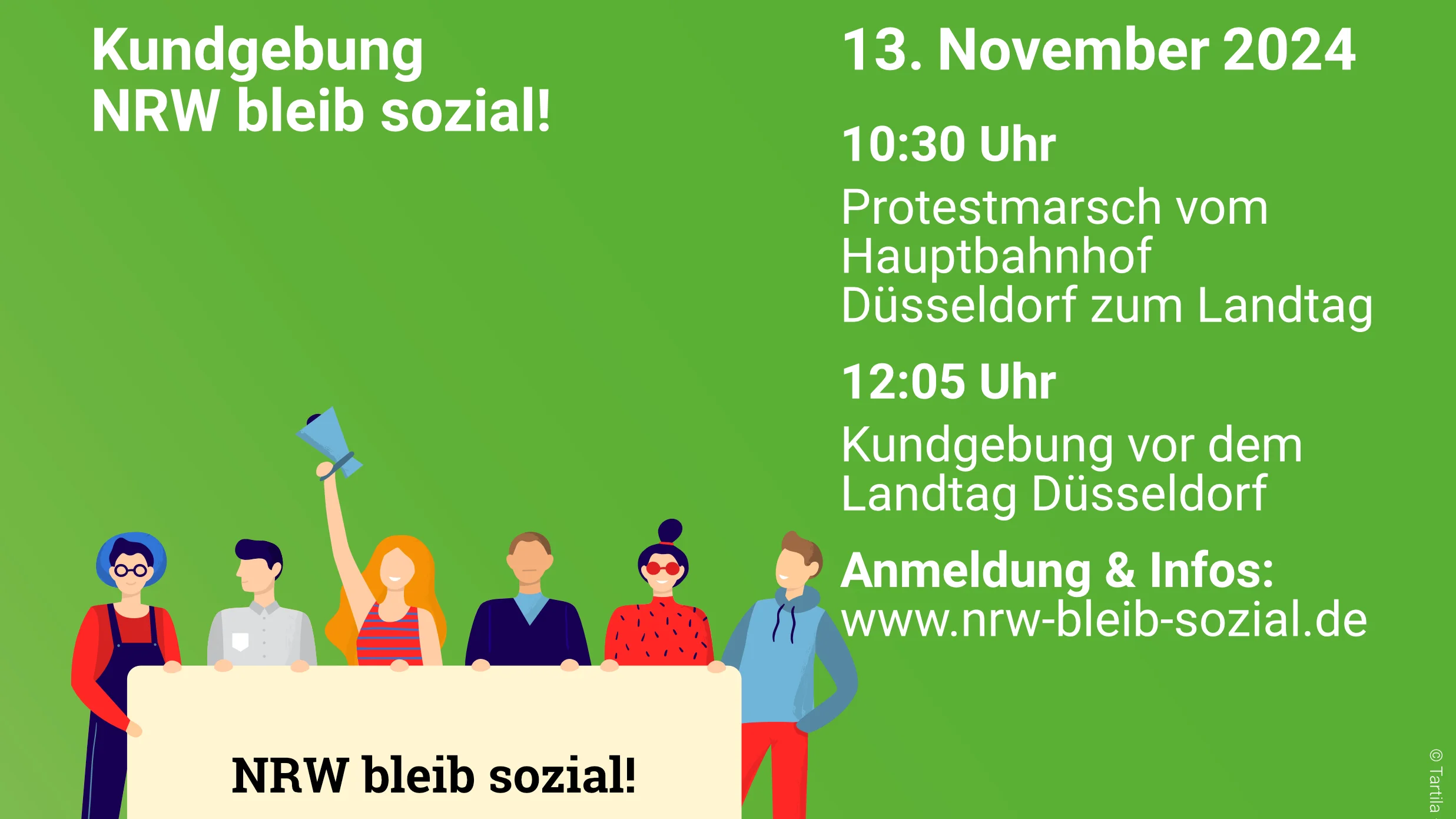 Das Foto zeigt auf schwarz-grünem Hintergrund ein weißes Megafon und den Text "Kundgebung NRW bleib sozial" mit den im Fließtext genannten Informationen zur Demo
