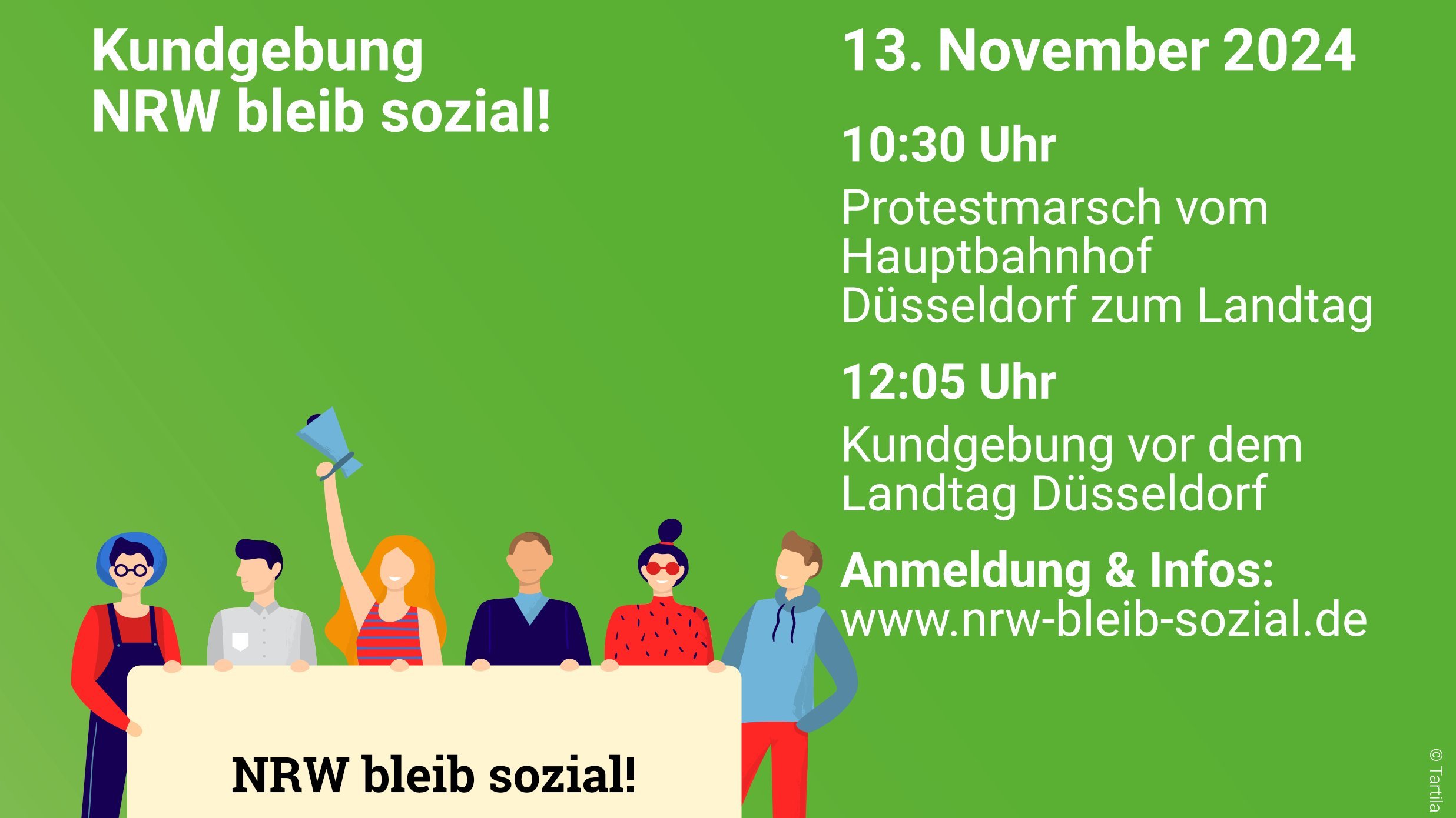 Das Foto zeigt auf schwarz-grünem Hintergrund ein weißes Megafon und den Text "Kundgebung NRW bleib sozial" mit den im Fließtext genannten Informationen zur Demo