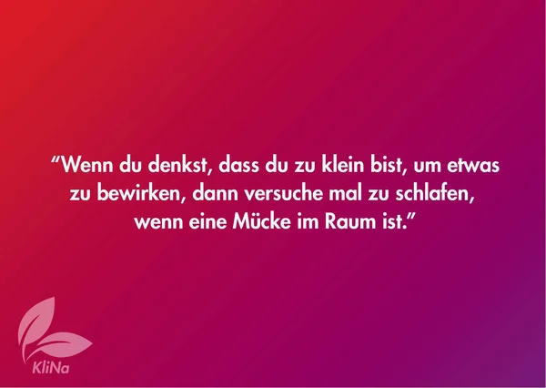 Auf dem Bild ist eine Postkarte zu sehen, die einen Spruch präsentiert. Der Hintergrund ist ein farblicher Verlauf von Rot- und Violetttönen. In der Mitte des Bildes steht in weißer Schrift das Zitat: "Wenn du denkst, dass du zu klein bist, um etwas zu bewirken, dann versuche mal zu schlafen, wenn eine Mücke im Raum ist." In der unteren linken Ecke befindet sich ein kleines Logo, das aus einem Blatt und dem Schriftzug "KLiNa" besteht.