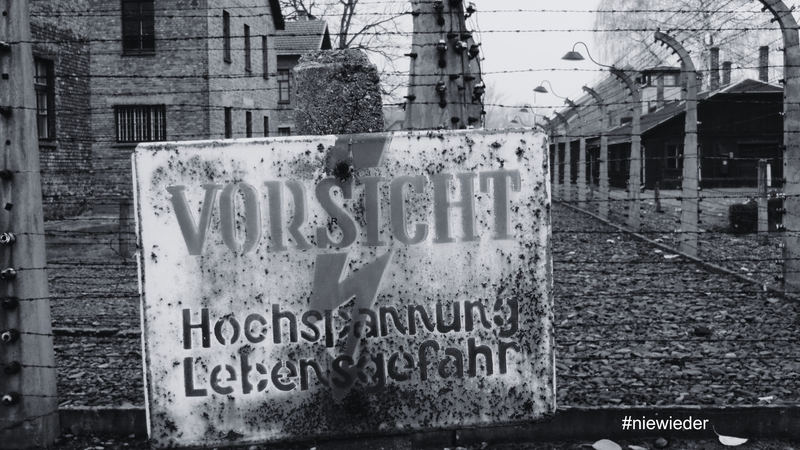 Auf dem Bild ist ein schwarz‑weiß aufgenommenes Konzentrationslager mit Stacheldrahtzäunen und Baracken im Hintergrund zu sehen, im Vordergrund steht ein verwittertes Warnschild mit der Aufschrift „VORSICHT Hochspannung Lebensgefahr“. Bildinhalt Zentral im Bild befindet sich ein rechteckiges, stark verrostetes Schild mit der großen Aufschrift „VORSICHT“ und darunter „Hochspannung Lebensgefahr“, dazu ein Blitzsymbol als Warnzeichen. Hinter dem Schild verlaufen mehrere Reihen Stacheldrahtzaun mit Isolatoren an Betonpfosten, dahinter stehen Backstein- und Holzbaracken, wie sie aus historischen Fotografien nationalsozialistischer Konzentrations- und Vernichtungslager bekannt sind. Kontext und Botschaft Die Perspektive lenkt den Blick durch den Zaun in das Lagerinnere und vermittelt Enge, Bedrohung und das Gefühl von Gefangenschaft, was an die systematische Entrechtung und Ermordung von Menschen im Nationalsozialismus erinnert. Unten rechts ist der Hashtag „#niewieder“ zu lesen, der das Bild klar als Mahnung versteht und zum Erinnern an die Verbrechen und zur Verantwortung gegen Antisemitismus, Rassismus und Menschenfeindlichkeit aufruft.