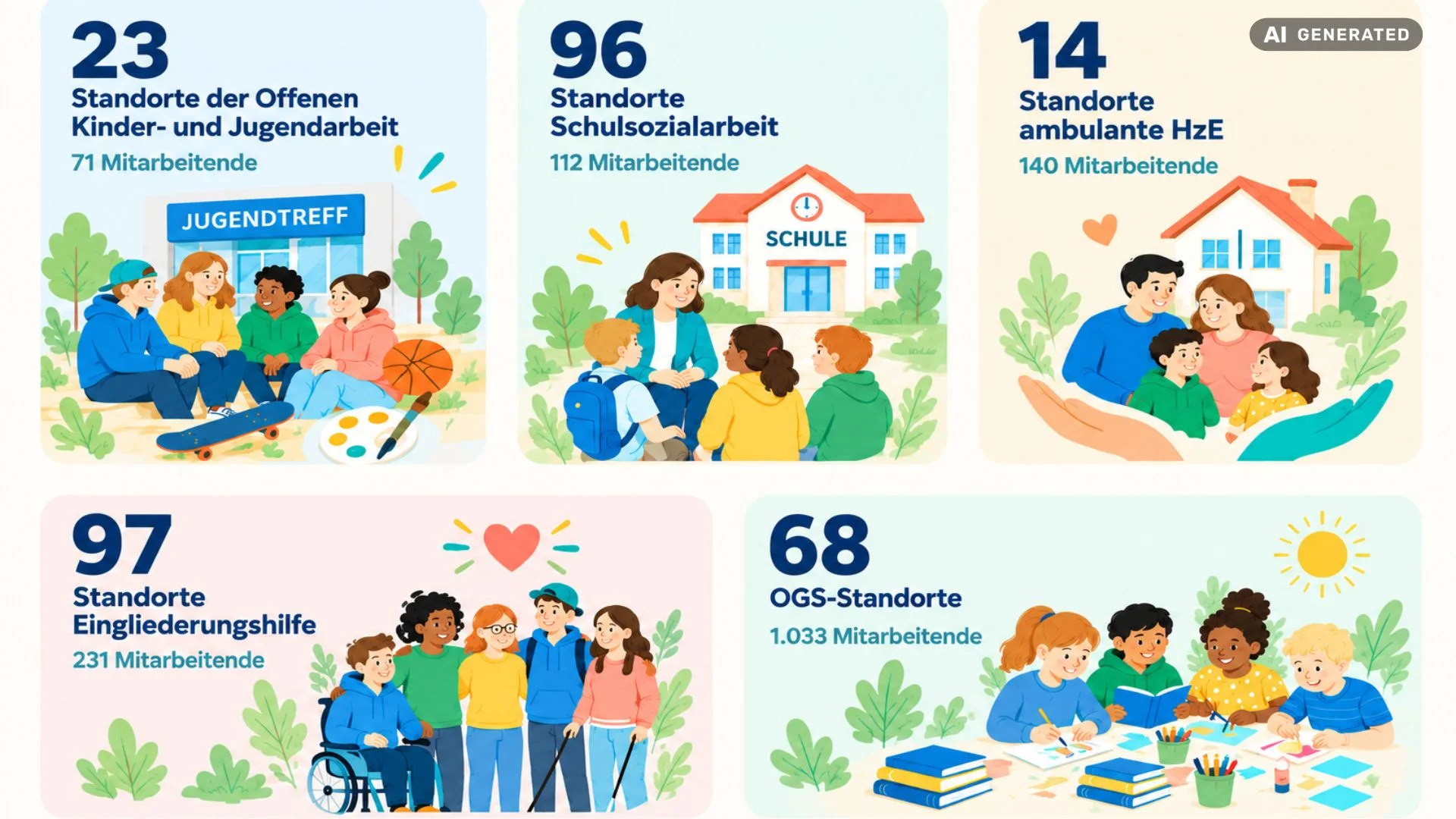 Zu sehen ist eine farbenfrohe Infografik mit fünf Bereichen der Jugendhilfe. Sie zeigt jeweils die Zahl der Standorte und Mitarbeitenden – ergänzt durch freundliche Illustrationen von Kindern, Jugendlichen, Familien und Fachkräften. Offene Kinder- und Jugendarbeit: 23 Standorte, 71 Mitarbeitende; Jugendliche vor einem Jugendtreff, mit Skateboard, Ball und Kreativmaterial. Schulsozialarbeit: 96 Standorte, 112 Mitarbeitende; eine Fachkraft spricht mit Kindern vor einer Schule. Ambulante HzE: 14 Standorte, 140 Mitarbeitende; eine Familie vor einem Haus, eingerahmt von schützenden Händen. Eingliederungshilfe: 97 Standorte, 231 Mitarbeitende; eine vielfältige Gruppe junger Menschen, darunter eine Person im Rollstuhl und eine mit Blindenstock. OGS: 68 Standorte, 1.033 Mitarbeitende; Kinder beim gemeinsamen Lernen, Malen und Basteln. Die Gestaltung ist freundlich und modern, mit Pastelltönen in Blau, Grün, Koralle und Gelb. Oben rechts ist außerdem ein kleines Label „AI GENERATED“ zu sehen.