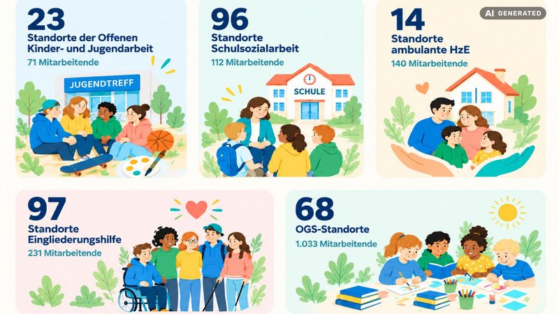 Zu sehen ist eine farbenfrohe Infografik mit fünf Bereichen der Jugendhilfe. Sie zeigt jeweils die Zahl der Standorte und Mitarbeitenden – ergänzt durch freundliche Illustrationen von Kindern, Jugendlichen, Familien und Fachkräften. Offene Kinder- und Jugendarbeit: 23 Standorte, 71 Mitarbeitende; Jugendliche vor einem Jugendtreff, mit Skateboard, Ball und Kreativmaterial. Schulsozialarbeit: 96 Standorte, 112 Mitarbeitende; eine Fachkraft spricht mit Kindern vor einer Schule. Ambulante HzE: 14 Standorte, 140 Mitarbeitende; eine Familie vor einem Haus, eingerahmt von schützenden Händen. Eingliederungshilfe: 97 Standorte, 231 Mitarbeitende; eine vielfältige Gruppe junger Menschen, darunter eine Person im Rollstuhl und eine mit Blindenstock. OGS: 68 Standorte, 1.033 Mitarbeitende; Kinder beim gemeinsamen Lernen, Malen und Basteln. Die Gestaltung ist freundlich und modern, mit Pastelltönen in Blau, Grün, Koralle und Gelb. Oben rechts ist außerdem ein kleines Label „AI GENERATED“ zu sehen.