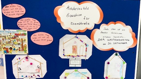  Auf dem Foto ist eine blaue Pinnwand zu sehen, an der mehrere Bilder befestigt sind. Die Bilder sind Teil eines Projekts zum Thema "Kinderrechte – Bausteine für Demokratie", wie die große Überschrift in der Mitte der Pinnwand zeigt. Die Pinnwand ist mit verschiedenen Elementen geschmückt: In der oberen Mitte befindet sich die Überschrift "Kinderrechte Bausteine für Demokratie" in einer wolkenförmigen Sprechblase. Daneben, ebenfalls in einer Sprechblase, steht "Jedes Haus ist ein Baustein Gemeinschaft" und "DER WELTKINDERTAG 20. September". An der linken Seite sind handschriftliche Notizen angebracht, die beschreiben, was die Kinder an verschiedenen Tagen gelernt haben, zum Beispiel "Am ersten Tag haben wir ein Lied über Kinderrechte angeschaut..." und "Am zweiten Tag sind wir ein Rollenspiel zum Thema...". Der größte Teil der Pinnwand ist mit zahlreichen, von Kindern gezeichneten Bildern gefüllt. Jedes dieser Bilder ist in der Form eines Hauses dargestellt und scheint einen Aspekt der Kinderrechte zu illustrieren. Die Häuser sind kreativ gestaltet und teilweise mit kleinen Perlen verziert. Das Foto scheint eine Ausstellung oder eine Projektarbeit aus einer Schule oder einem Kindergarten zu zeigen, die im Rahmen des Weltkindertags am 20. September entstanden ist.
