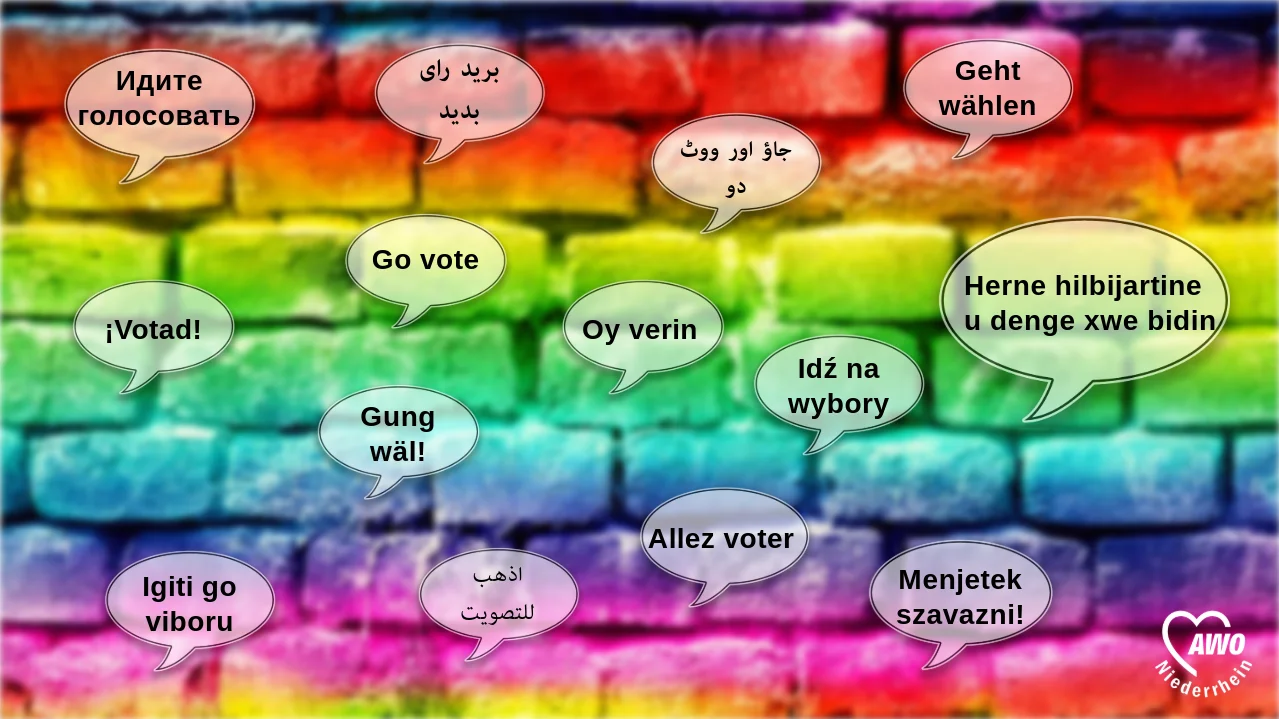 Das Bild zeigt eine bunte, regenbogenfarbene Ziegelwand mit mehreren Sprechblasen, in denen in verschiedenen Sprachen die Aufforderung "Geht wählen" oder "Go vote" steht. In der unteren rechten Ecke befindet sich das Logo der AWO Niederrhein
