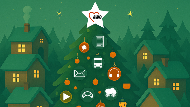 Das Bild ist eine weihnachtliche, illustrierte Grafik mit dem Titel "AWO-ventskalender 2025" und dem Untertitel "Digitale Helfer – Tools, die den Alltag erleichtern". ?️ Visuelle Elemente Hintergrund und Szenerie: Die Szene ist in einem tiefen Grün und Dunkel gehalten, was eine winterliche Nachtstimmung vermittelt. Im Hintergrund stehen mehrere stilisierte, grün-braune Häuser mit beleuchteten, gelben Fenstern, die von Tannenbäumen umgeben sind. Christbaum: Im Zentrum dominiert ein großer, dunkler Weihnachtsbaum. Schmuck und Symbole: Der Baum ist mit orangefarbenen Kugeln und weißen, runden Symbolen geschmückt, die verschiedene digitale Tools oder Alltagshilfen darstellen. Dazu gehören: Ein Dokumenten-/Listen-Symbol. Ein Bus-Symbol. Ein Kopfhörer-Symbol. Ein Briefumschlag-Symbol (zweimal vorhanden). Ein Play-Button-Symbol. Ein Auto-Symbol. Ein Fahrrad-Symbol. Ein Wolken-Symbol mit Schneeflocken. Baumspitze: An der Spitze des Baumes ist ein großer weißer Stern mit einem roten Herz und der Aufschrift "AWO" angebracht. Beleuchtung: Eine altmodische Straßenlaterne mit gelbem Licht steht rechts neben dem Baum. ? Textliche Informationen Der Text im Bild liefert die wichtigsten Informationen zum dargestellten Adventskalender: Titel: AWO-ventskalender 2025 Untertitel: Digitale Helfer – Tools, die den Alltag erleichtern Webadresse: https://tuerrchen.app/AWO-ventskalender2025