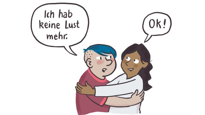 Zu sehen ist eine gezeichnete Szene mit zwei Personen, die sich umarmen. Die linke Person sagt in einer Sprechblase: „Ich hab keine Lust mehr.“ Die andere Person reagiert mit „OK!“ – ruhig und akzeptierend.