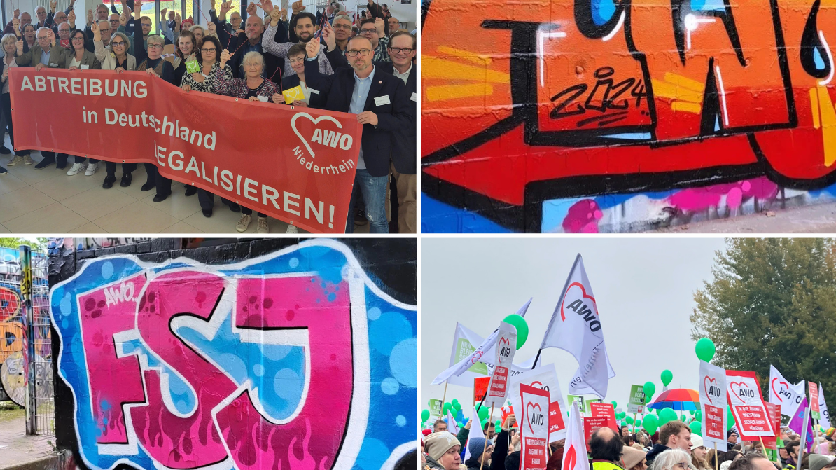 Das Bild zeigt eine Collage aus vier verschiedenen Fotos: Oben links: Eine Gruppe von Menschen hält ein großes rotes Banner mit der Aufschrift „ABTREIBUNG in Deutschland LEGALISIEREN!“ und dem Logo „AWO Niederrhein“. Oben rechts: Ein Graffiti mit den Buchstaben „AWO“ in leuchtenden Farben auf einer Wand. Unten links: Ein weiteres Graffiti mit den Buchstaben „FSJ“ in pink und blau auf einer Wand. Unten rechts: Eine Menschenmenge bei einer Demonstration, die Schilder und Fahnen mit dem Logo „AWO“ und grünen Luftballons trägt.