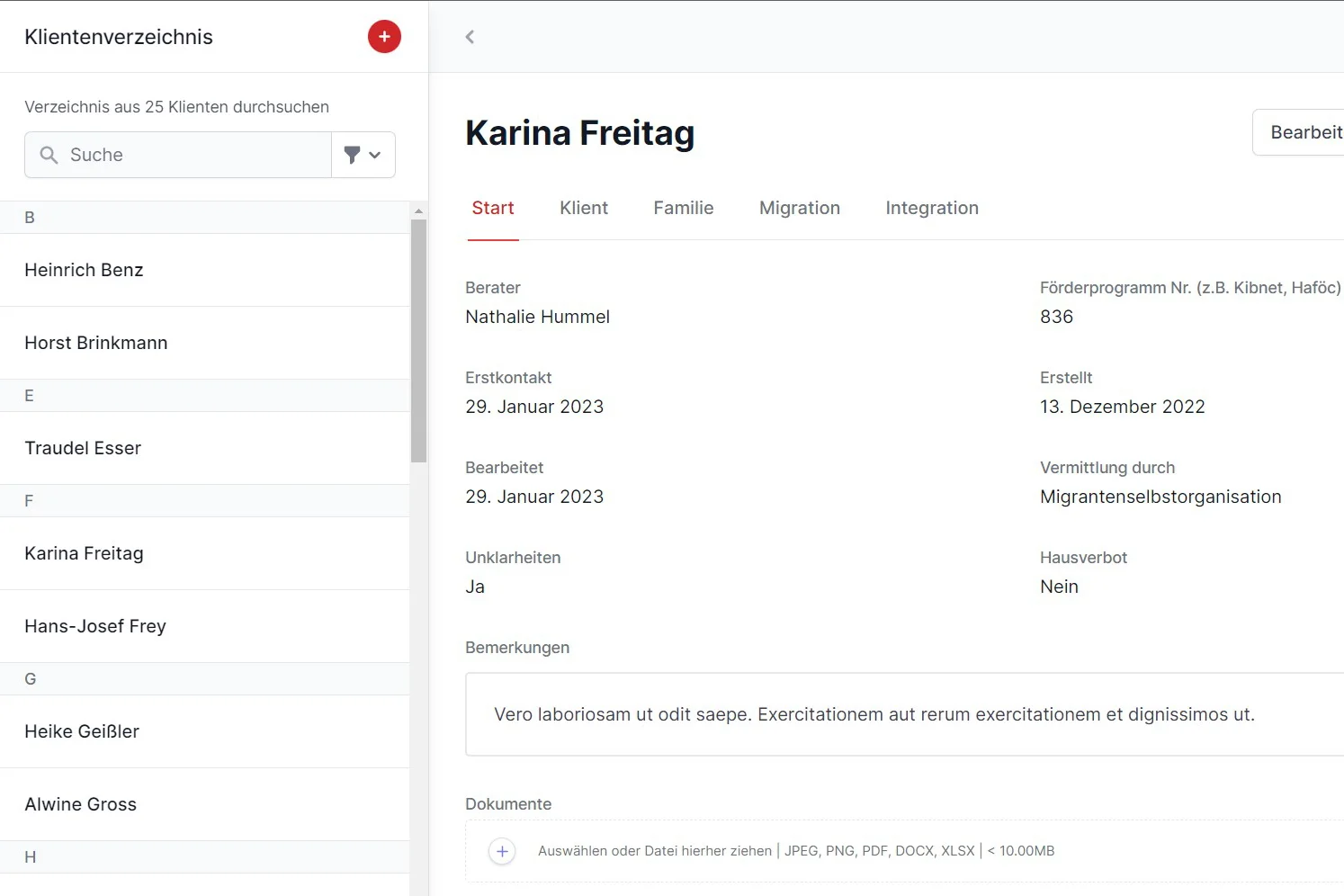 Das Foto zeigt einen Screenshot der digitalen Klient*innenverwaltungssoftware