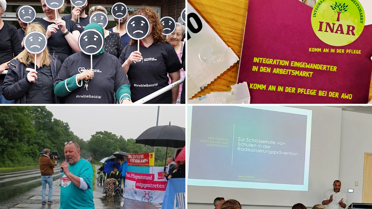  Was ist auf dem Foto zu sehen? Das Bild ist in vier Abschnitte unterteilt: Oben links: Eine Gruppe von Menschen hält Schilder mit traurigen Gesichtern hoch. Sie tragen schwarze T-Shirts mit dem Hashtag "#nrwbleibsozial". Oben rechts: Ein Flyer mit der Aufschrift "INAR - Integration Eingewanderter in den Arbeitsmarkt. Komm an in der Pflege bei der AWO". Unten links: Eine Person steht im Regen und hält ein Schild. Im Hintergrund sind weitere Menschen mit Regenschirmen und Bannern zu sehen. Auf einem Banner steht "Den Pflegenotstand entgegentreten!". Unten rechts: Eine Präsentation mit dem Titel "Zur Schlüsselrolle von Schulen in der Radikalisierungsprävention" wird gezeigt. Ein Redner steht vor der Präsentation.