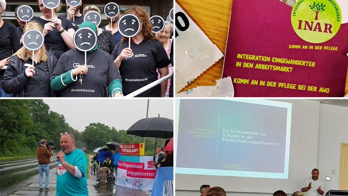  Was ist auf dem Foto zu sehen? Das Bild ist in vier Abschnitte unterteilt: Oben links: Eine Gruppe von Menschen hält Schilder mit traurigen Gesichtern hoch. Sie tragen schwarze T-Shirts mit dem Hashtag "#nrwbleibsozial". Oben rechts: Ein Flyer mit der Aufschrift "INAR - Integration Eingewanderter in den Arbeitsmarkt. Komm an in der Pflege bei der AWO". Unten links: Eine Person steht im Regen und hält ein Schild. Im Hintergrund sind weitere Menschen mit Regenschirmen und Bannern zu sehen. Auf einem Banner steht "Den Pflegenotstand entgegentreten!". Unten rechts: Eine Präsentation mit dem Titel "Zur Schlüsselrolle von Schulen in der Radikalisierungsprävention" wird gezeigt. Ein Redner steht vor der Präsentation.