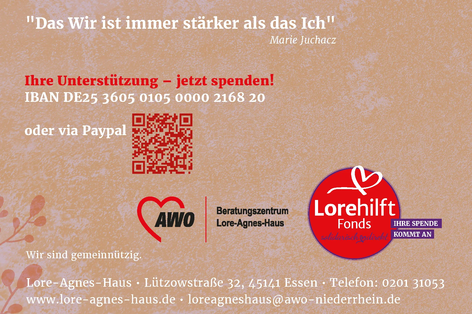 Das Bild zeigt die Möglichkeiten zu spenden und das Logo des Lore-hilft-Fonds
