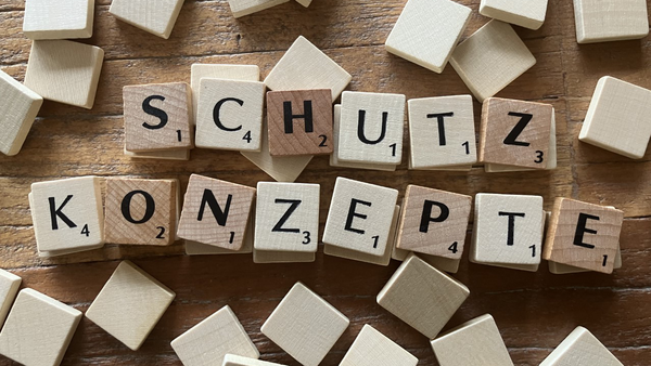 Auf dem Foto sind Scrabble-ähnliche Holzbuchstabensteine zu sehen, die auf einem hölzernen Untergrund verteilt sind. Einige der Steine sind zu den Wörtern „SCHUTZ KONZEPTE“ zusammengesetzt, während andere verstreut herumliegen.