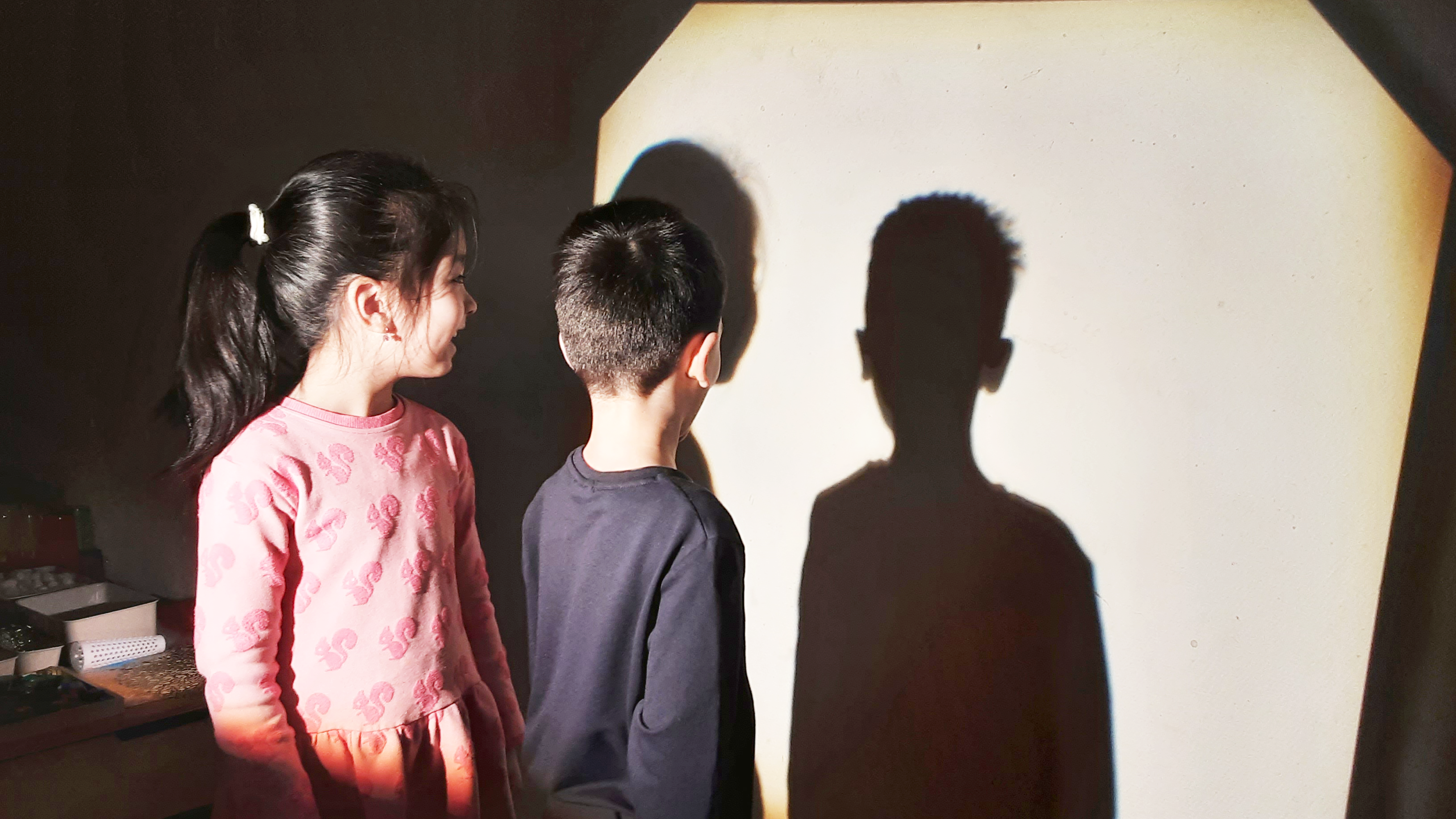 Auf dem Bild stehen zwei Kinder vor einer hell angestrahlten Fläche oder Leinwand. Durch das Licht sind ihre dunklen, deutlich erkennbaren Schatten groß an der Fläche zu sehen.