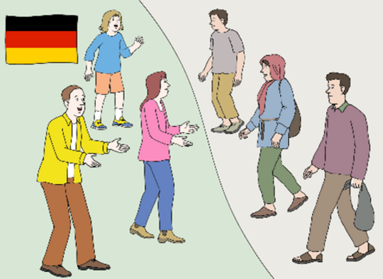 Das Foto symbolisiert einen Grenzübertritt verschiedener Menschen nach Deutschland