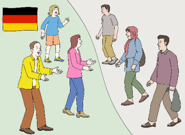 Das Foto symbolisiert einen Grenzübertritt verschiedener Menschen nach Deutschland