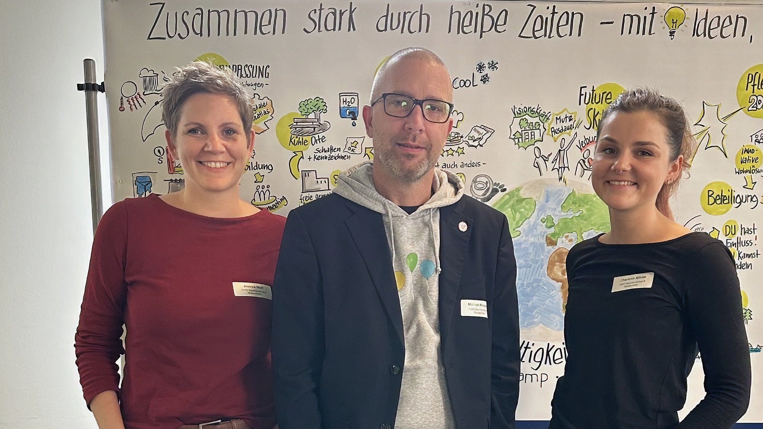 Auf dem Bild sind drei Personen – eine Frau links, ein Mann in der Mitte und eine Frau rechts – zu sehen, die vor einer Whiteboard- oder Plakatwand stehen. Die Wand hinter ihnen enthält eine Überschrift, die teilweise lesbar ist: "Zusammen stark durch heiße Zeiten - mit Ideen". Darunter ist eine bunte, skizzenhafte Weltkarte und verschiedene Piktogramme und Notizen in verschiedenen Farben gezeichnet, die sich wahrscheinlich auf die Überschrift beziehen. Alle drei Personen tragen Namensschilder. Sie schauen in die Kamera und lächeln leicht.