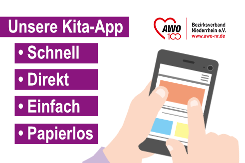 Das Bild zeigt eine Grafik mit einer App und dem Satz: Unsere Kita-App. Schnell. Direkt. Einfach.Papierlos