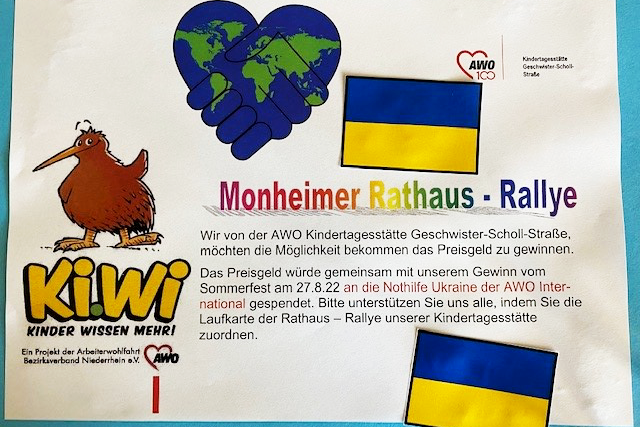 Das Foto zeigt einen Flyer, mit dem sich die Kita um Unterstützung bei den Teilnehmenden der Rathaus-Rallye bewirbt