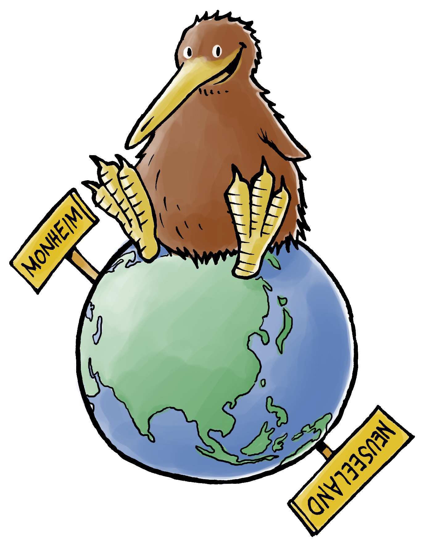 Auf dem Bild sitzt ein brauner Kiwi-Vogel – ein kleiner, flugunfähiger Vogel aus Neuseeland – auf der Oberseite einer Erdkugel. Der Kiwi wirkt freundlich und leicht comicartig gezeichnet. Seine großen, gelben Füße liegen links und rechts auf der Weltkugel. Links steckt ein Schild mit der Aufschrift „Monheim“ in den Boden der Erde, rechts ein weiteres mit der Aufschrift „Neuseeland“. Die Schilder wirken, als würden sie zwei weit voneinander entfernte Orte markieren. Der Kiwi sitzt genau dazwischen auf dem Globus und verbindet beide Orte symbolisch.