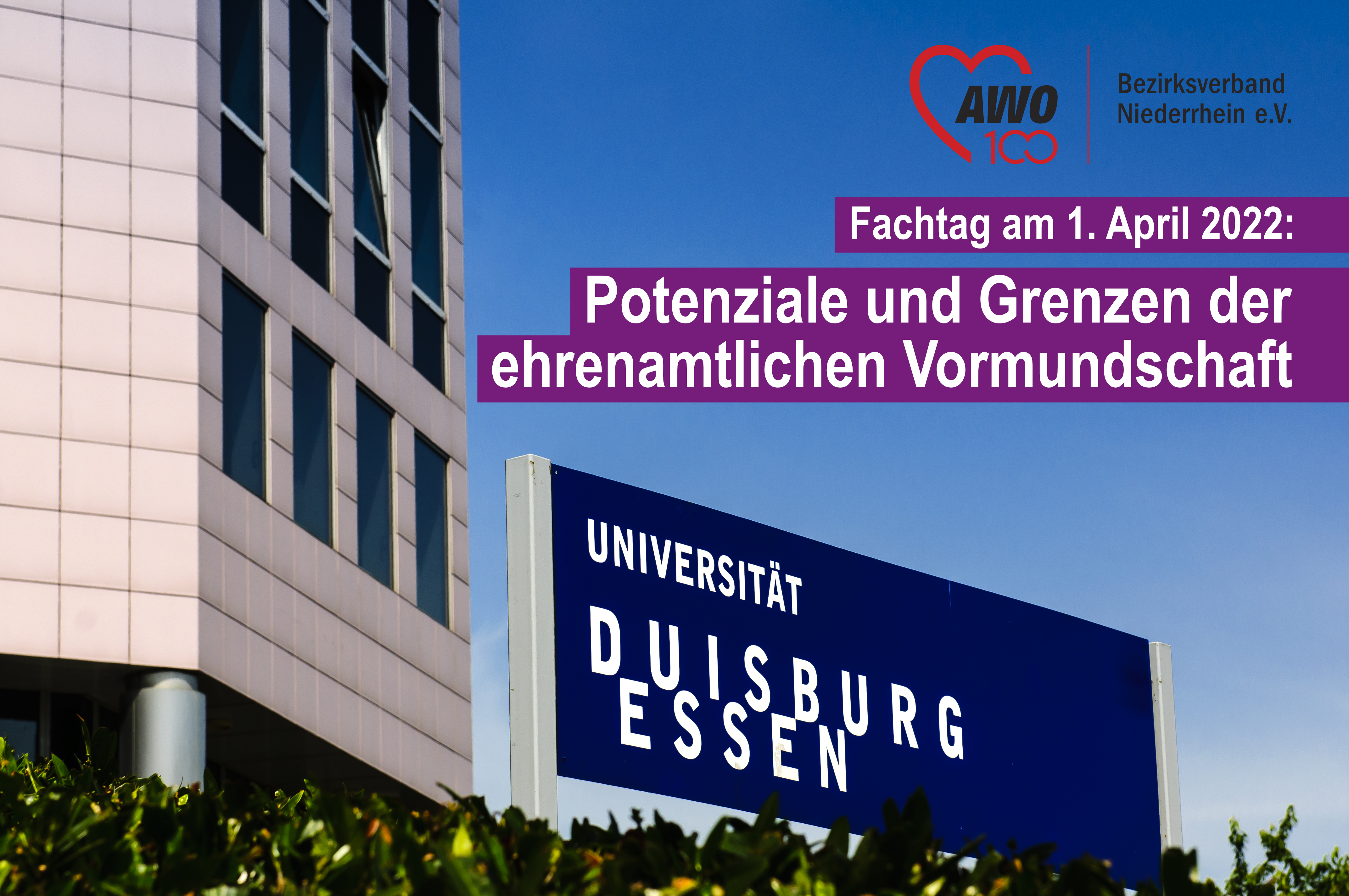 Das Foto zeigt das Gebäude der Uni Duisburg-Essen und den Hinweis auf die Veranstaltung