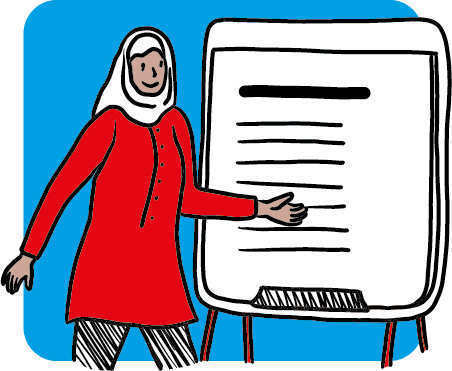 Auf dem Bild ist eine stilisierte Illustration zu sehen, die eine Frau darstellt, die vor einem Flipchart oder Whiteboard steht. Die Frau trägt ein rotes Oberteil und ein weißes Kopftuch (Hijab). Sie hat ihre linke Hand in Richtung des Boards ausgestreckt, als würde sie etwas darauf präsentieren, erklären oder darauf verweisen. Das Flipchart/Whiteboard ist weiß und hat einige schwarze Linien darauf, die Text oder eine Aufzählung symbolisieren. Es steht auf einem Gestell. Die gesamte Szene vermittelt den Eindruck einer Präsentation, Schulung oder Fortbildung.
