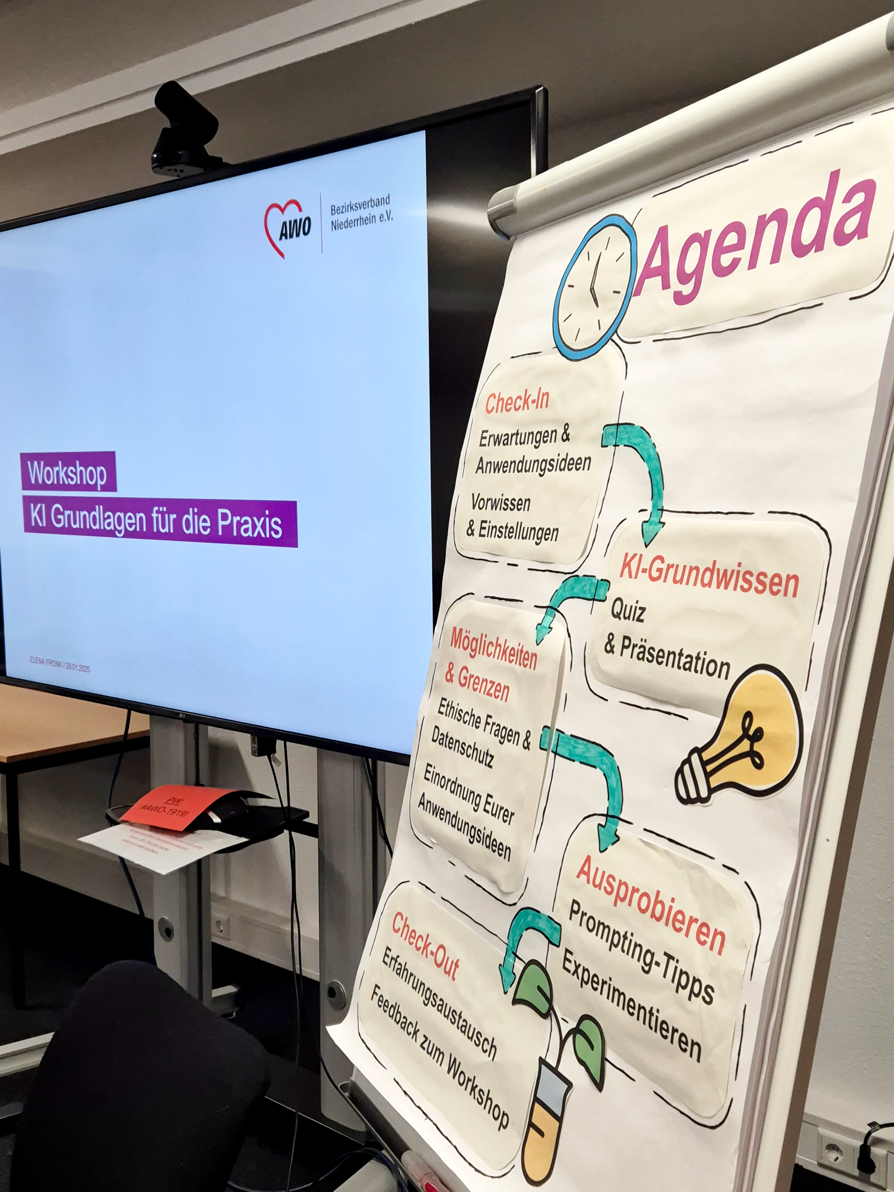 Das Foto zeigt eine Workshop-Situation mit dem Thema "KI Grundlagen für die Praxis", organisiert vom AWO Bezirksverband Niederrhein e.V. Auf dem Bild sind zwei Hauptbestandteile erkennbar: Ein Präsentationsbildschirm mit einer Folie, die den Workshop-Titel anzeigt. Ein Flipchart mit einer handgezeichneten Agenda, die verschiedene Themen des Workshops strukturiert. Die Agenda umfasst folgende Punkte: Check-In: Erwartungen, Anwendungsideen, Vorwissen KI-Grundwissen: Quiz & Präsentation Möglichkeiten & Grenzen: Ethische Fragen, Datenschutz, Anwendungsideen Ausprobieren: Prompting-Tipps, Experimentieren Check-Out: Erfahrungsaustausch, Feedback